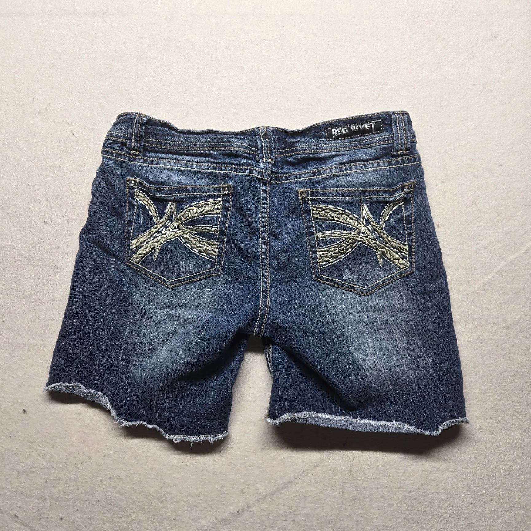 Denime Red Rivet Denim Shorts Women's 7 Distressed Embroidered 5-Pocket Casual Jeans Cut-Off Summer Blue Vintage?: No Size 28" / US 6 / IT 42 - 7 Thumbnail