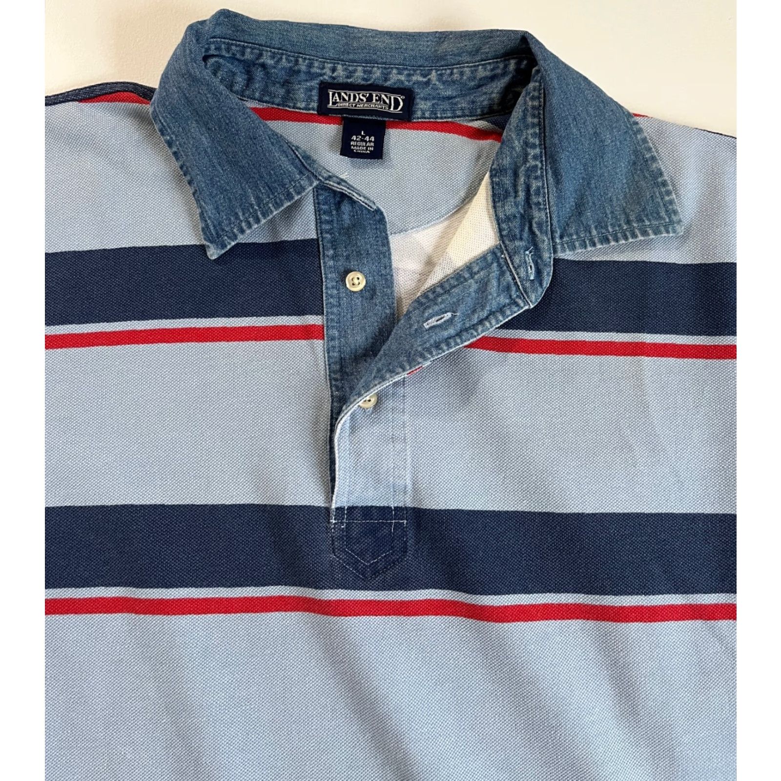 Lands' End Lands' End Polo Shirt Striped Denim Collar Sz L Men’s Short Sleeve Cotton Multicolor Polo Mens Size US L / EU 52-54 / 3 - 5 Thumbnail