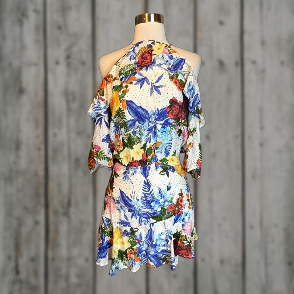 FARM Between Flowers Dress Small White Colorful Floral Mini