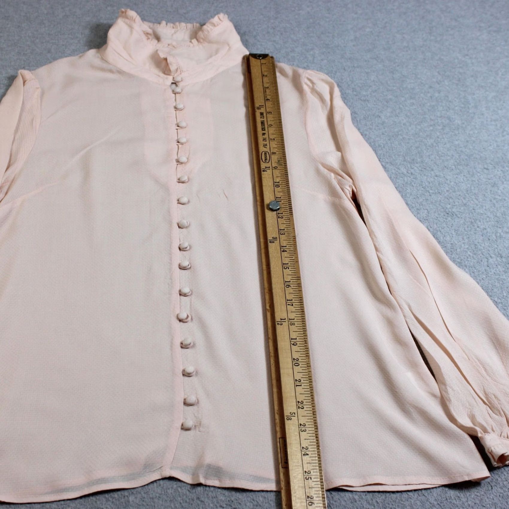 Vintage VINTAGE? No. ModCloth Shirt Women L Pink Ruffle Mock Neck Button Sheer Romantic Boho Top Size L / US 10 / IT 46 - 5 Thumbnail
