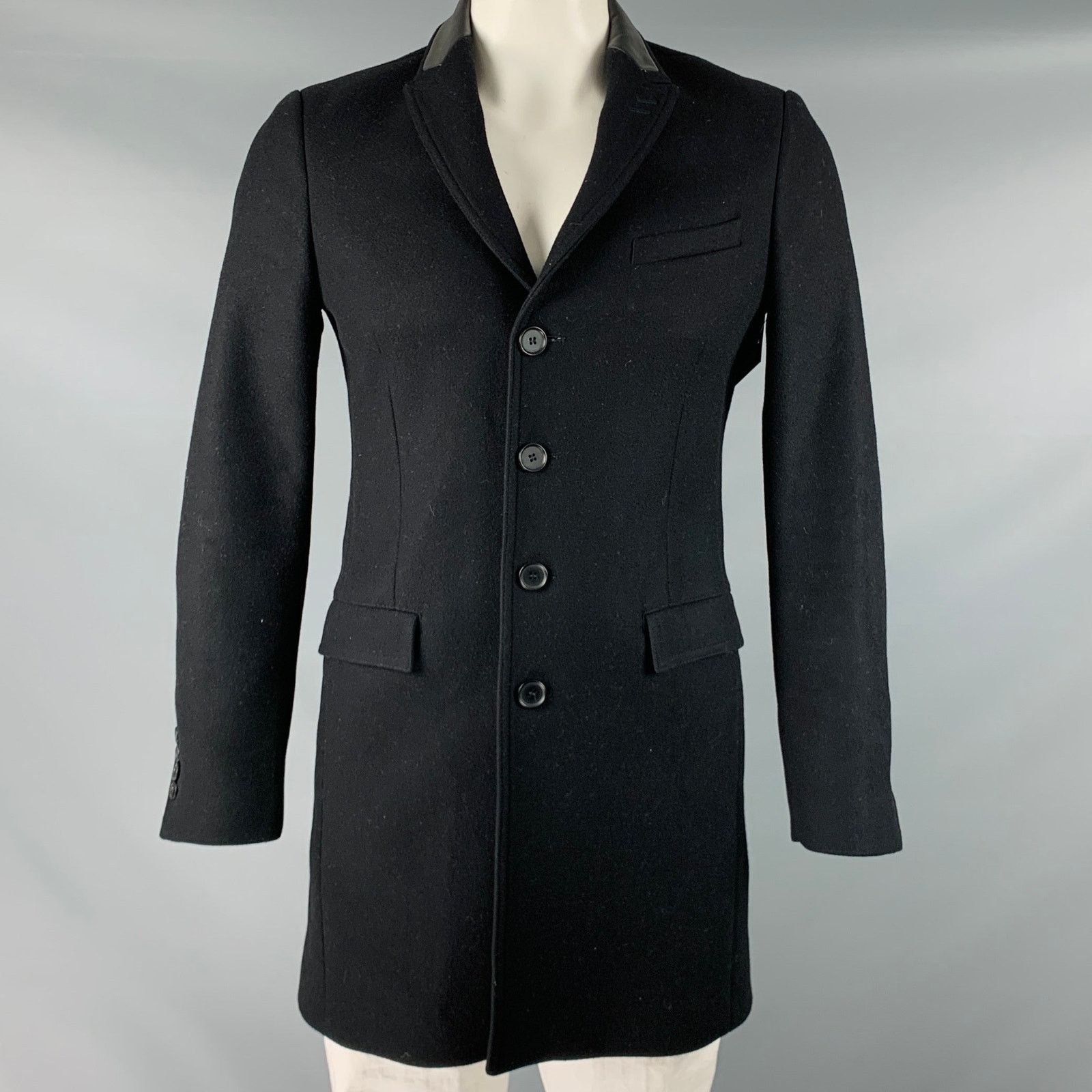 The Kooples THE KOOPLES Black Wool Blend Leather Trim Peak Lapel Coat Size US S / EU 44-46 / 1 - 1 Thumbnail