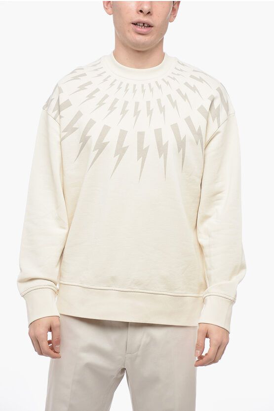 Image of Neil Barrett Crew Neck Fair-Isle Thunderbolt Brushed Cotton Sweatshirt in Beige, Men's (Size 2XL)