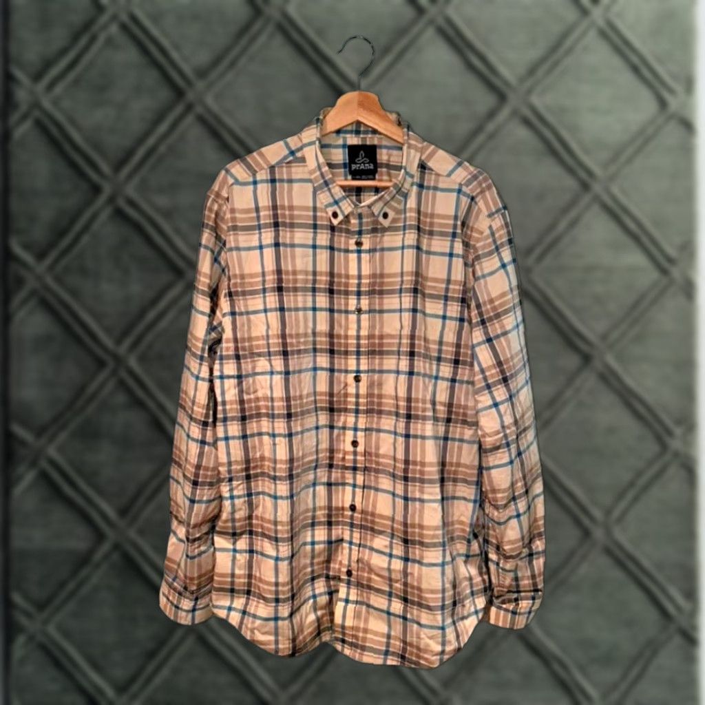 Prana prAna Men’s Plaid Shirt XL Button-Down Long Sleeve Casual Collared Tan Brown Blue Multicolor Cotton Blend Casual Shirt Mens XL Size US XL / EU 56 / 4 - 1 Thumbnail