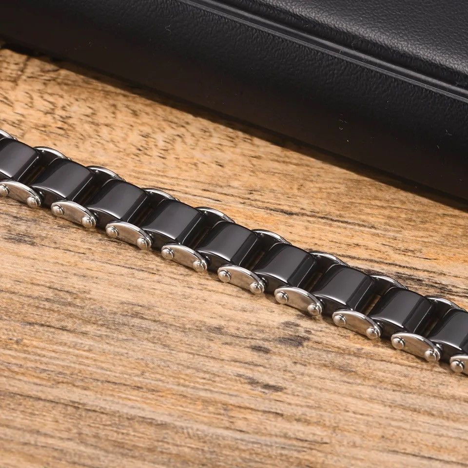 Jewelry × Vintage Black Ceramic Bracelet Natural Stone Link Chain Wristband Size ONE SIZE - 4 Thumbnail
