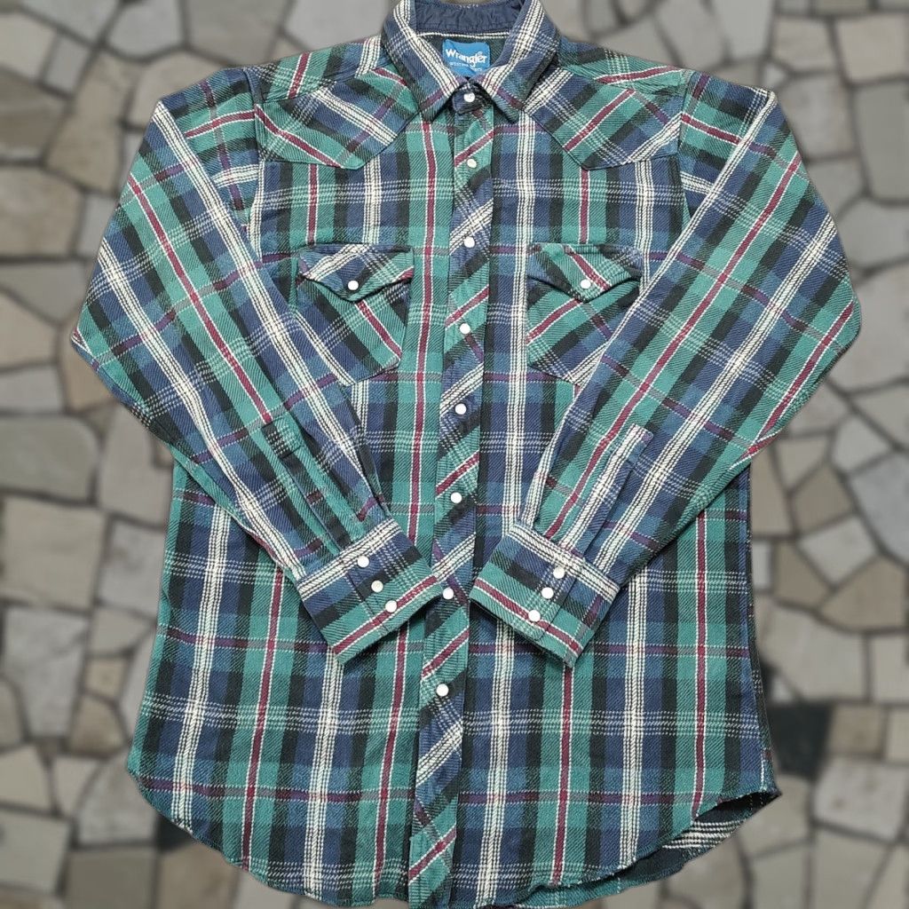 Wrangler VINTAGE Wrangler Shirt L 44 in Green Plaid Thick Flannel Pearl Snap Western Cowboy Size US L / EU 52-54 / 3 - 1 Thumbnail