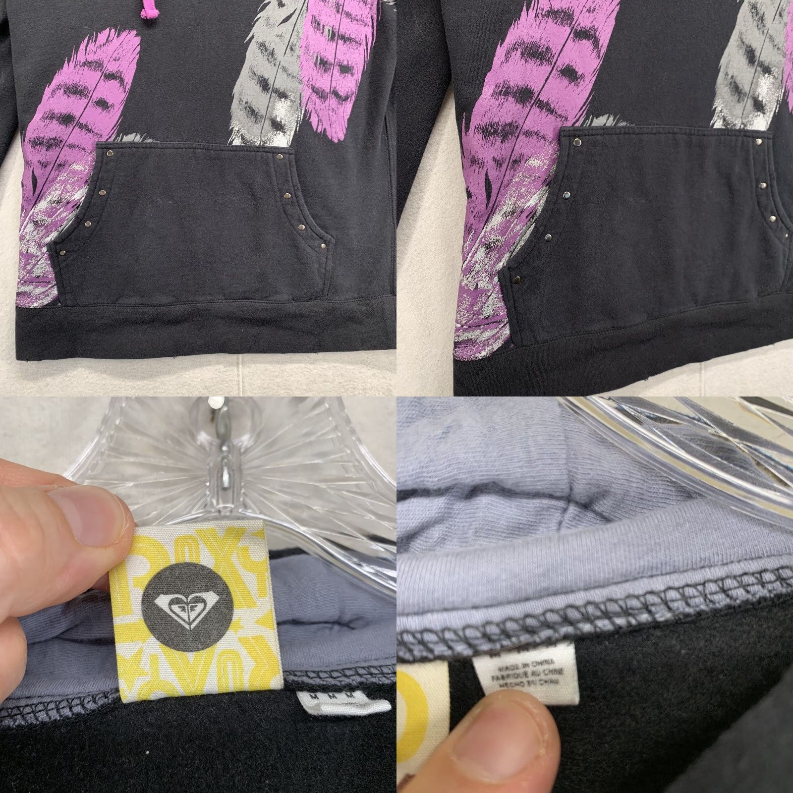 Vintage VINTAGE ROXY Hoodie Women's M Purple Black 90s Beach Grunge Surfer Girl Logo Graphic Print Hooded Pockets Crew Neck All Seasons Size M / US 6-8 / IT 42-44 - 8 Thumbnail