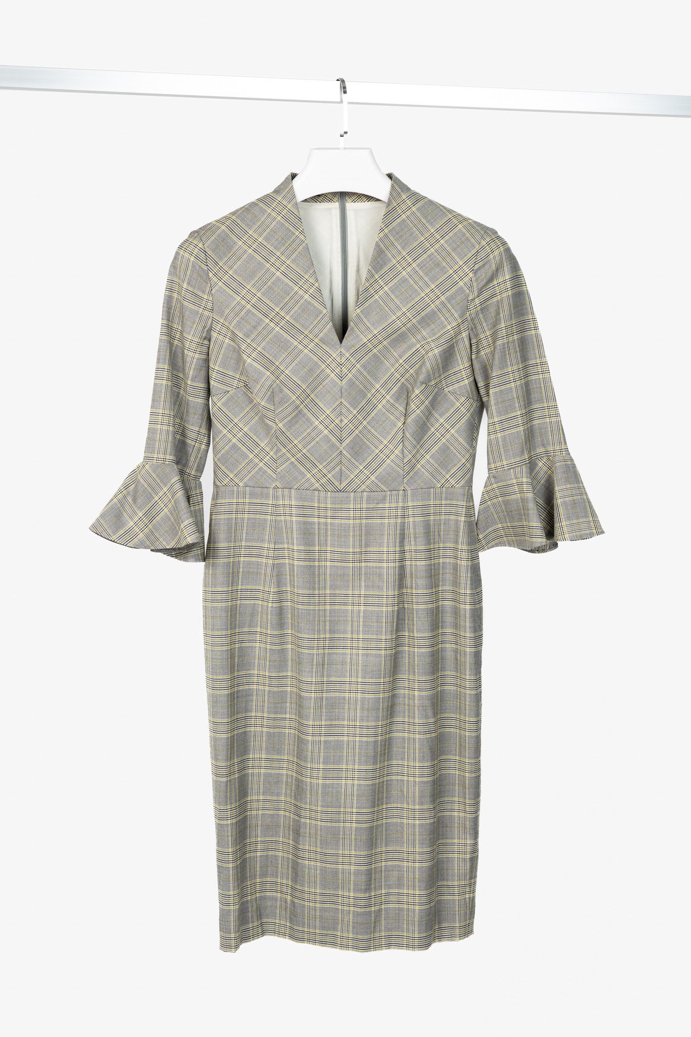 Escada Escada Dinfo Limonade Glen-Plaid Wool Flounce-Sleeve Dress Size S / US 4 / IT 40 - 1 Thumbnail