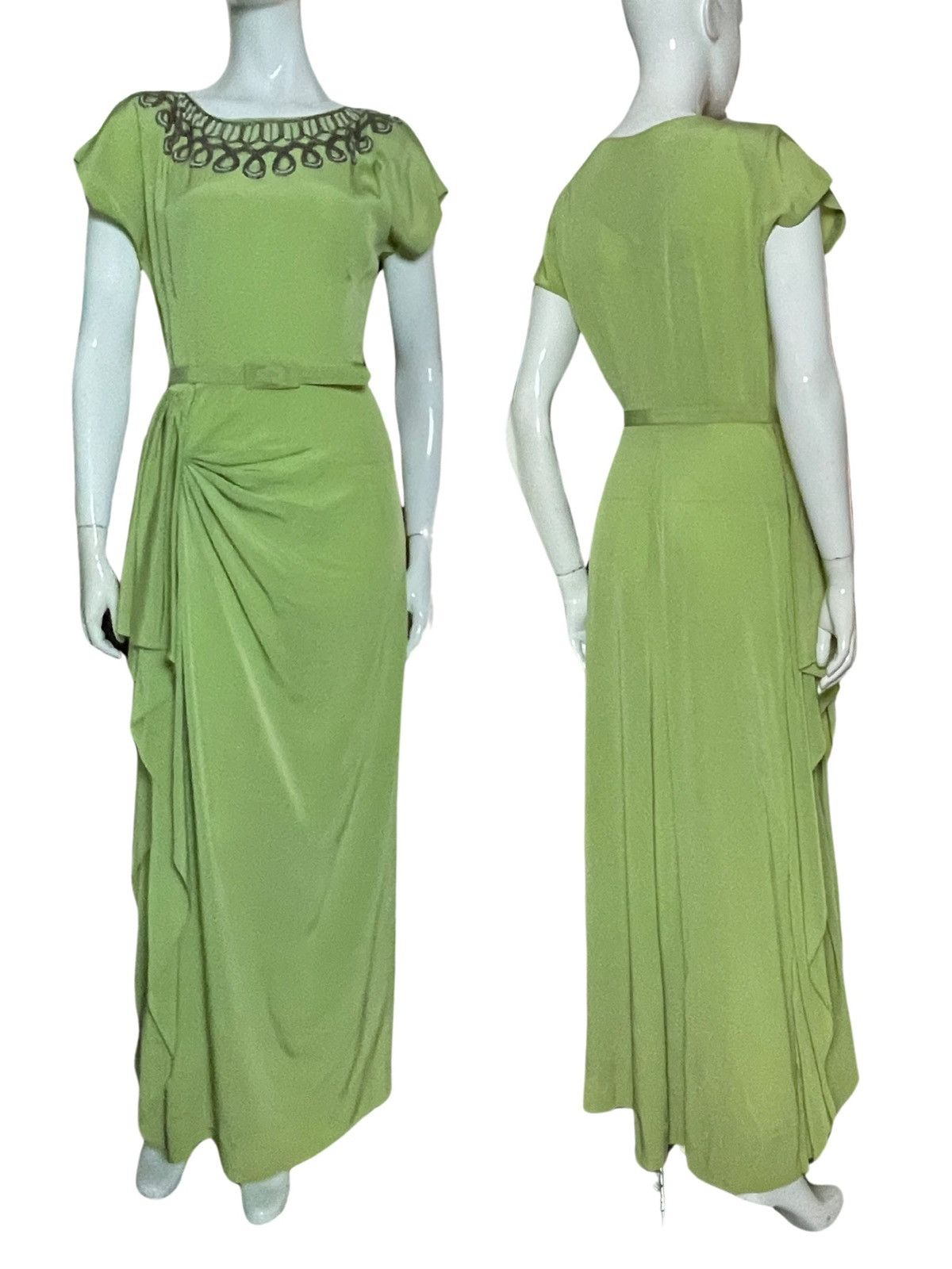 image of Vintage 1940S Beaded Pistachio Green Silk Crepe Maxi Evening Dress, Women's (Size Small)