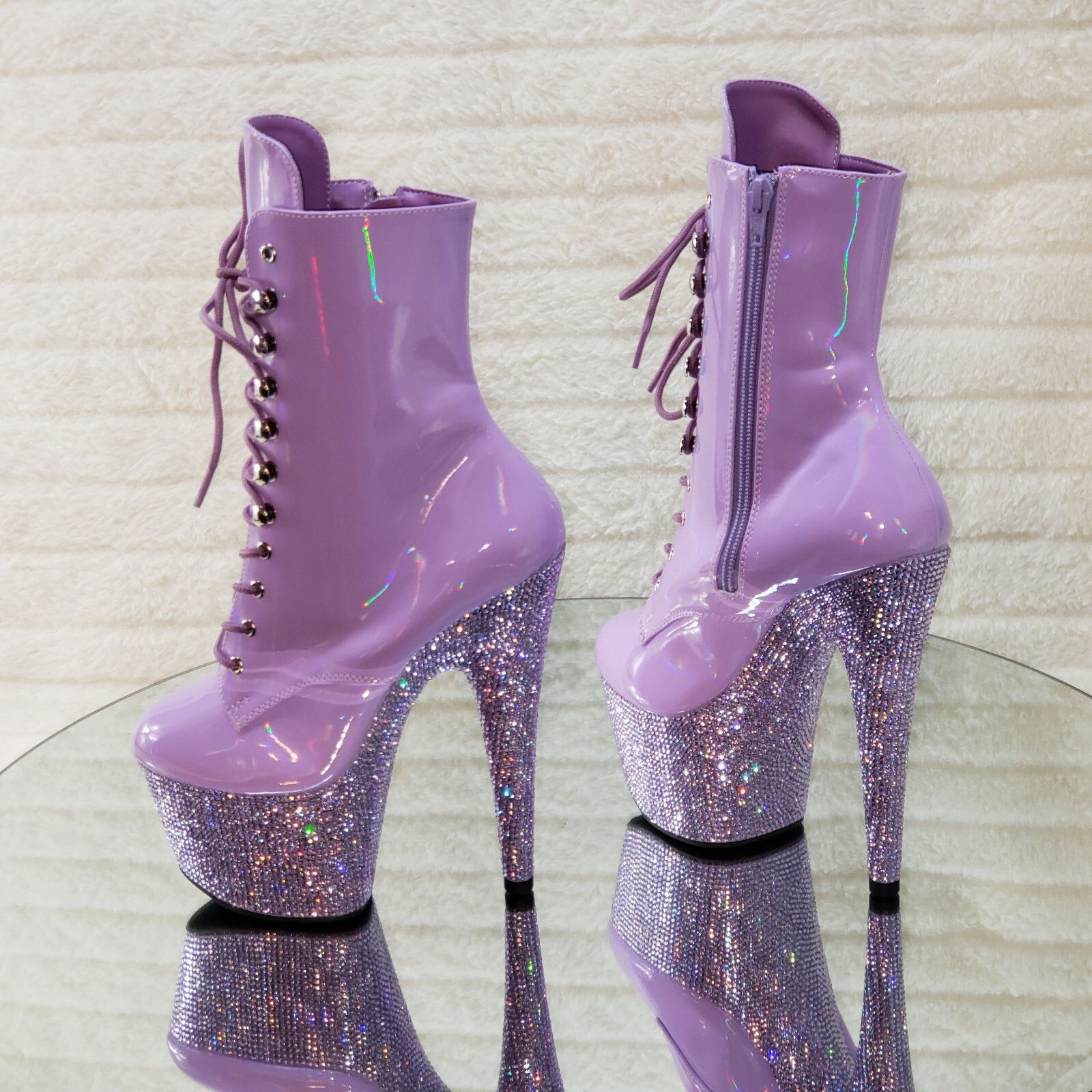 Other Bejeweled Lilac Rhinestone Platform Lace Up Ankle Boots 7" H Size US 10 / IT 40 - 1 Thumbnail