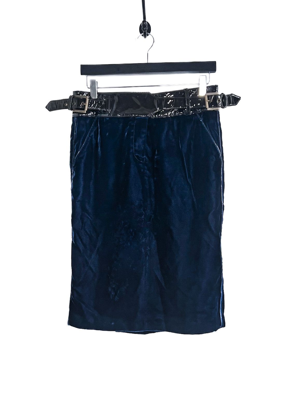 Roberto Cavalli Roberto Cavalli Blue Velvet Patent Leather Accent Skirt Size 27" / US 4 / IT 40 - 1 Thumbnail