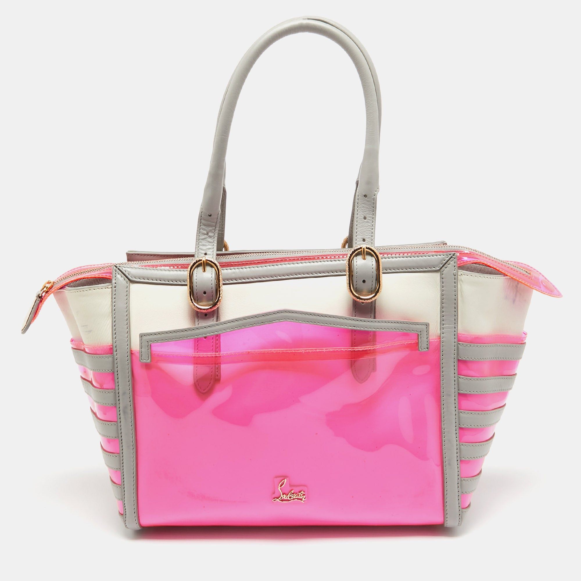 image of Vintage Christian Louboutin Pink/grey Pvc And Leather Stripe Tote, Women's