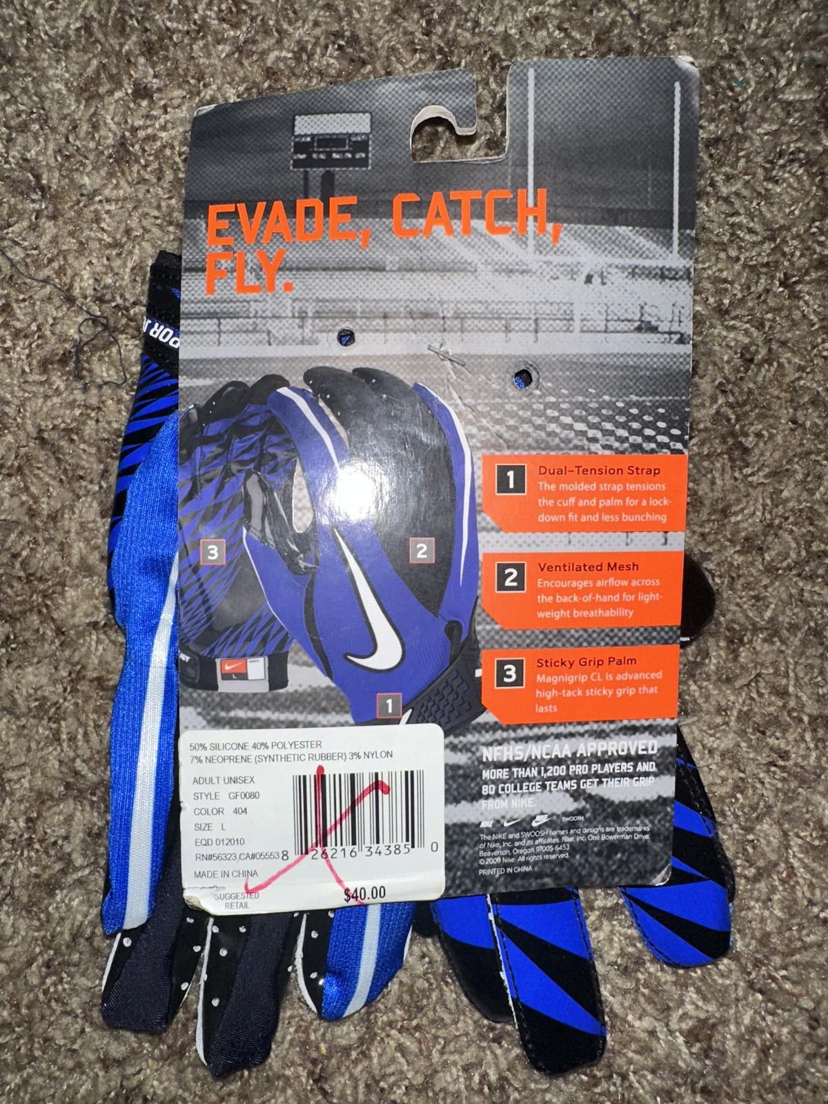 Nike VINTAGE Nike Men’s VaporJet Magnigrip Football Receiver Blue Gloves 2009 Size ONE SIZE - 10 Thumbnail
