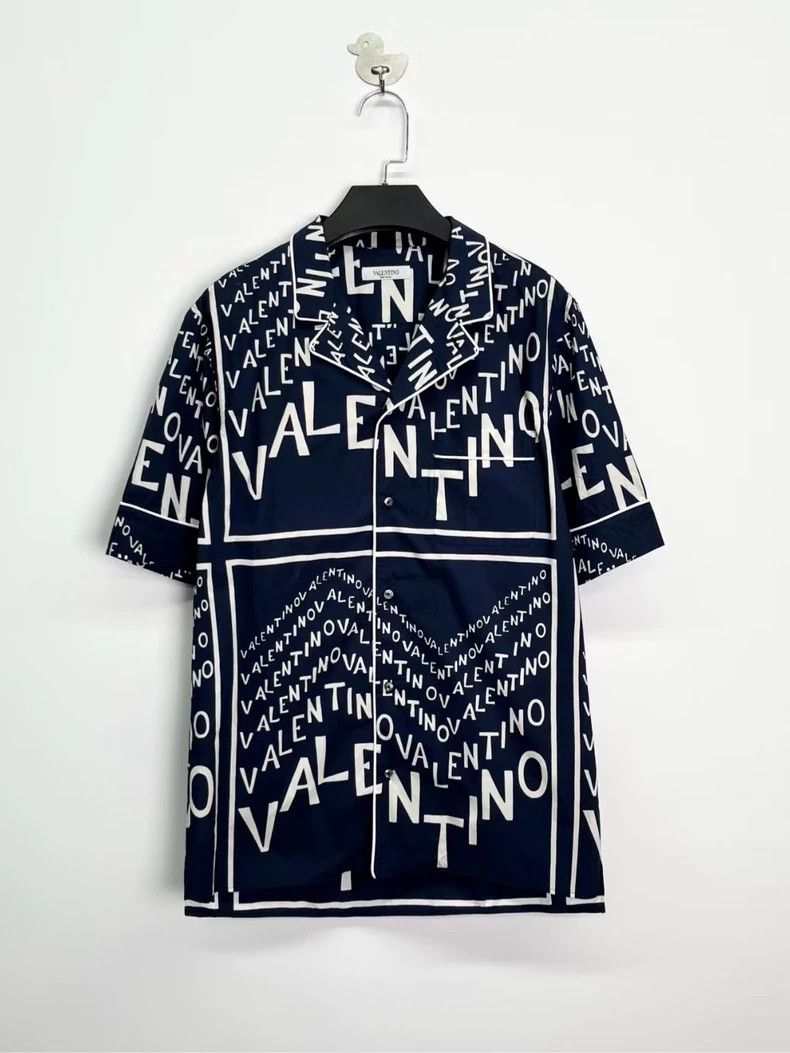 Valentino Navy Logo Print Short Sleeve Shirt