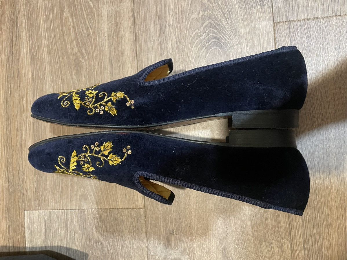 Shipton & Heneage Blue velvet Albert slipper/loafer gold tulip Size US 13 / EU 46 - 3 Thumbnail