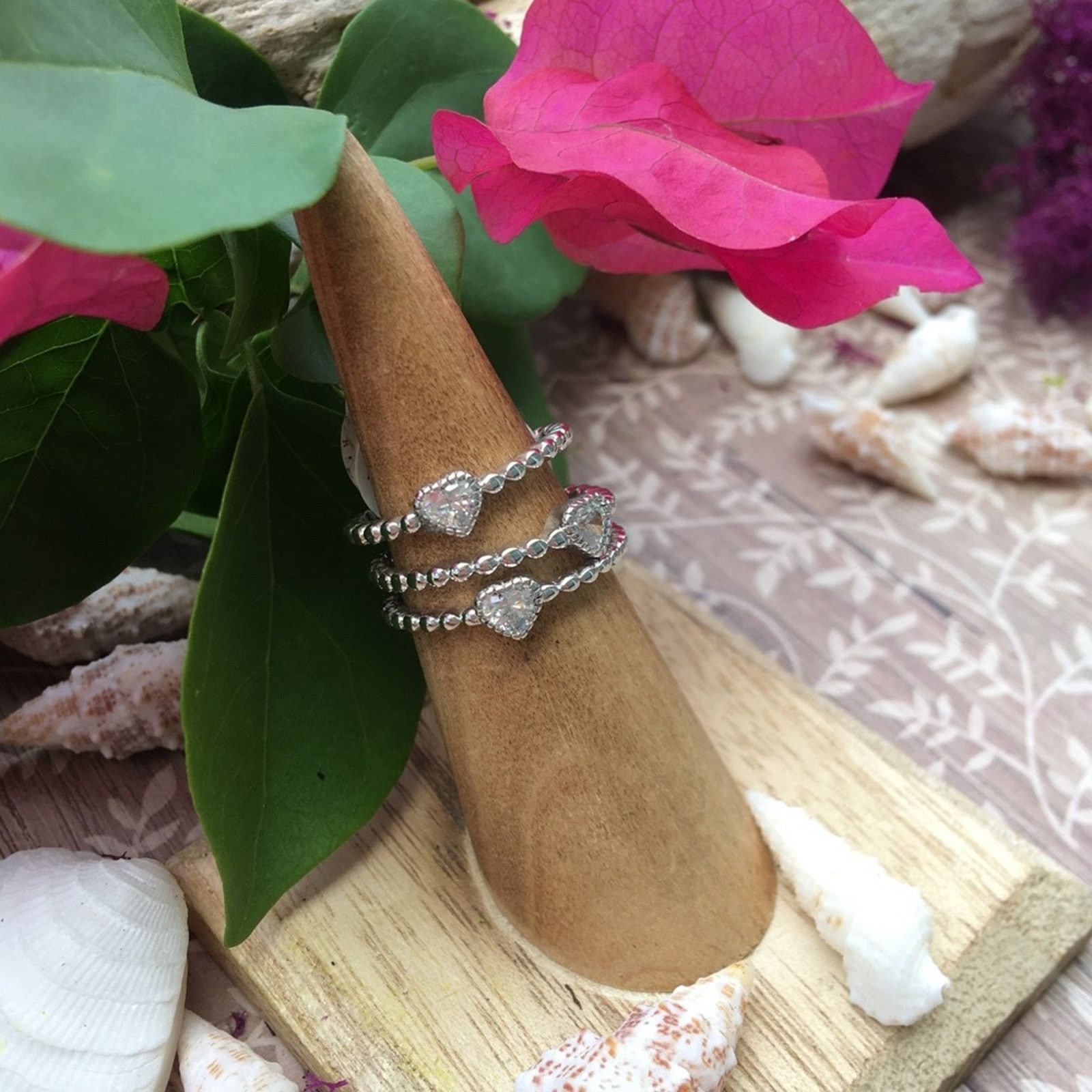 The Unbranded Brand Sterling Silver Beaded Clear Heart CZ Ring Size ONE SIZE - 3 Thumbnail