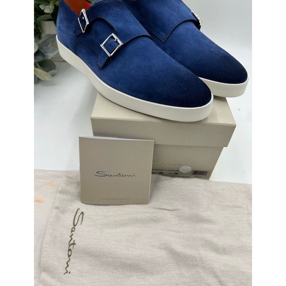 Men\'s Santoni blue suede Atlantis double Monk strap shoes size 9 US made Italy SANTONI men shoes made in Italy Dark blue fine suede double  main image 4