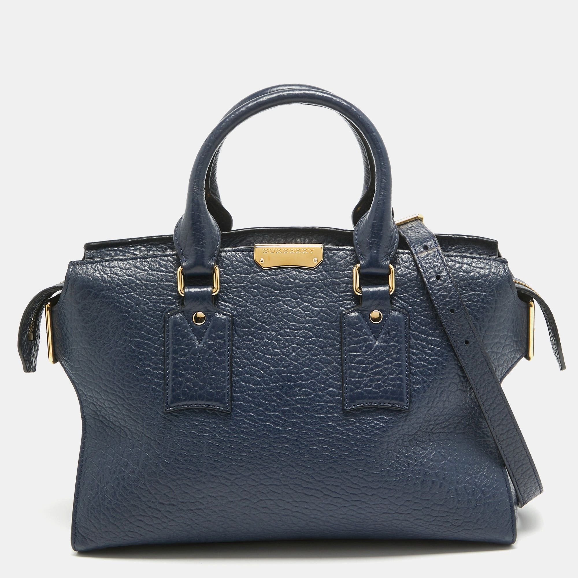 image of Burberry Blue Pebbled Leather Clifton Satchel, Women's