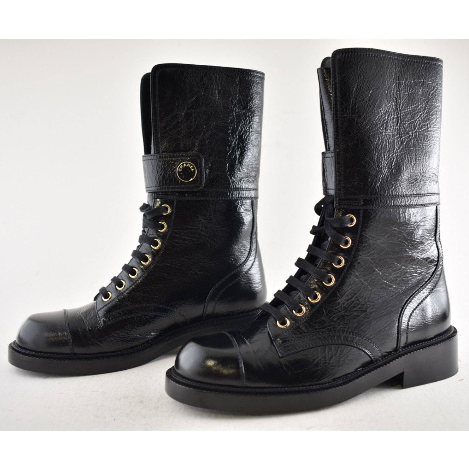 Chanel Chanel 24B Shiny Calfskin Logo Combat Lace Up Boots 37.5 Size US 6.5 / IT 36.5 - 13 Thumbnail