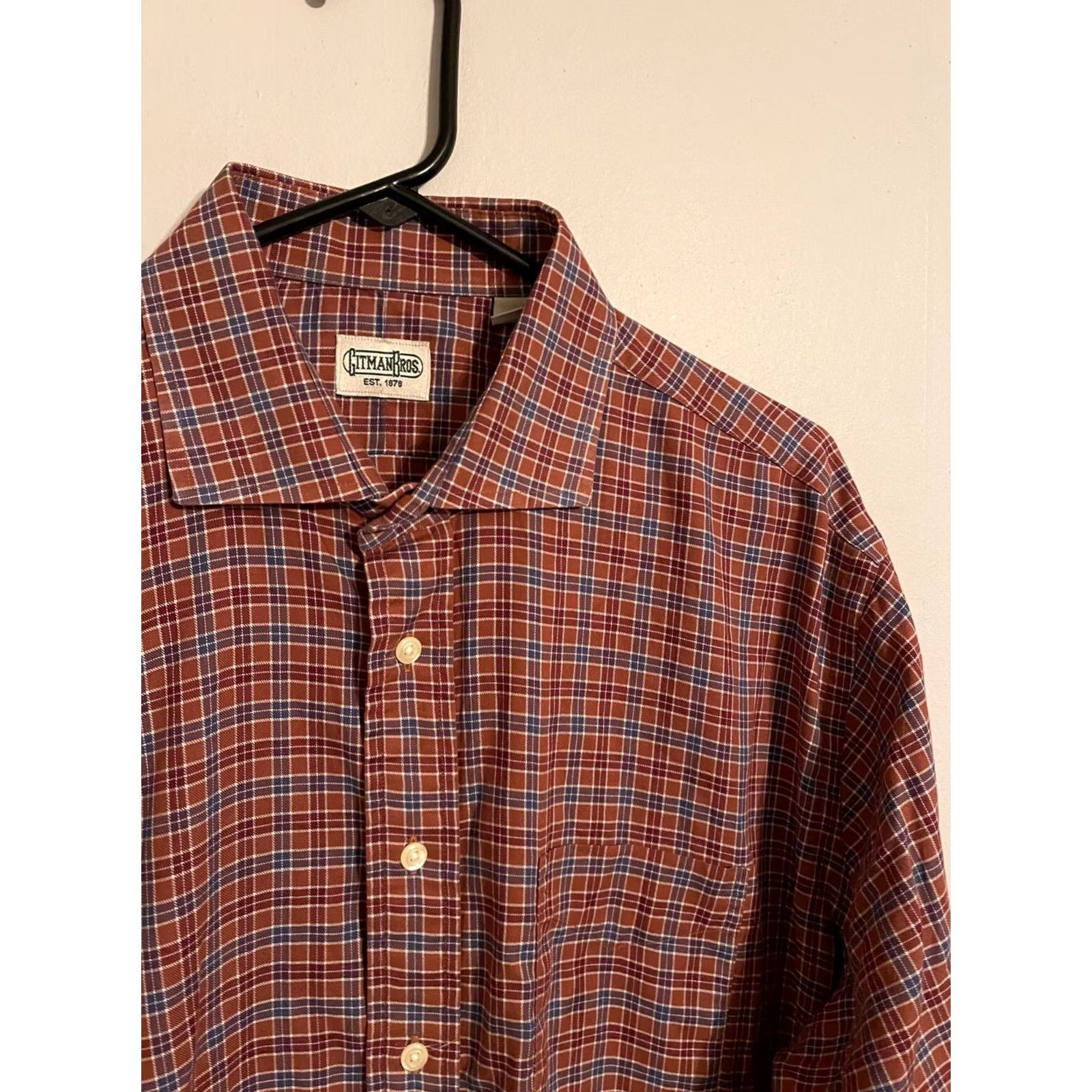 Vintage Gitman Bros Burnt Orange Plaid L/S Button Up Dress Shirt Men's XL Cutaway Collar Size 46R - 2 Thumbnail