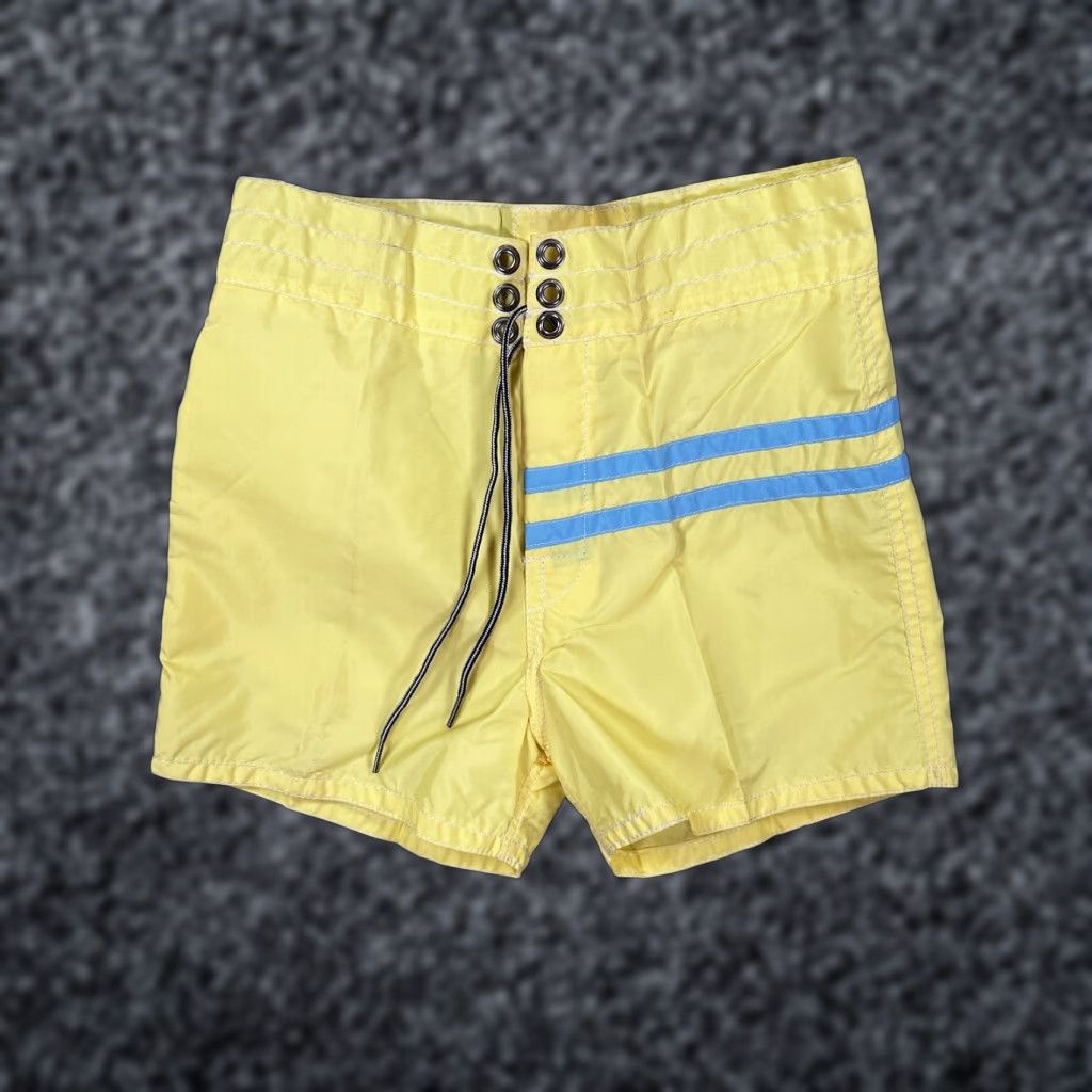 Vintage VINTAGE Birdwell Beach Britches Board Shorts Mens 26 Yellow Blue Striped Quick Dry Nylon 100% Nylon Back Pocket Drawstring Retro Surfing Summer Size US 27 - 1 Thumbnail