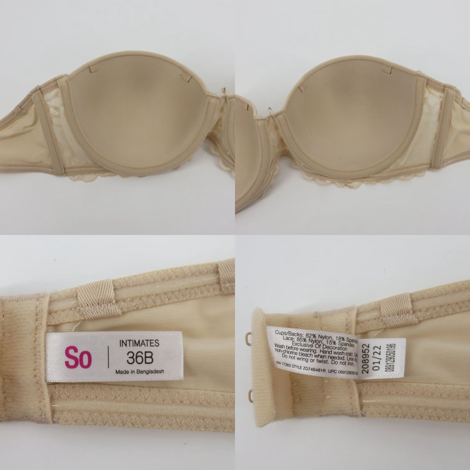 Vintage SO 36B Bra Strapless Underwire Padded Beige Bow Womens Size ONE SIZE - 8 Thumbnail