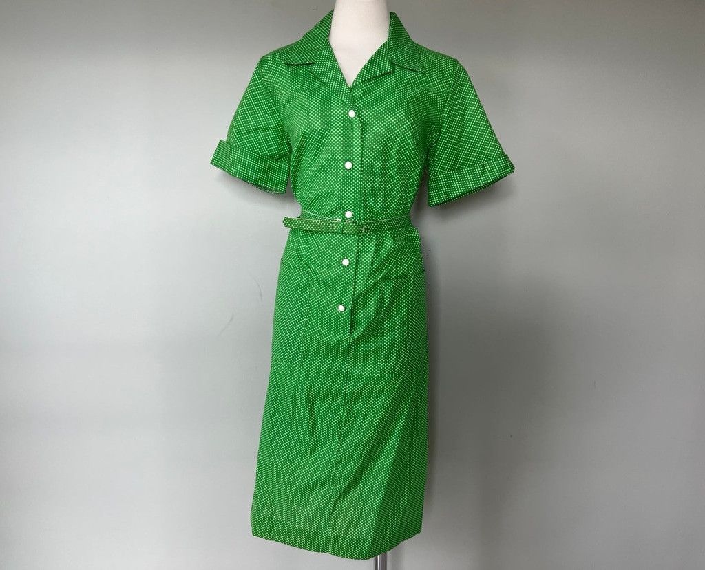 Vintage BNWT 1960s Vintage Green Polka Dot Rockabilly Shirt Dress 14 Size L / US 10 / IT 46 - 1 Thumbnail