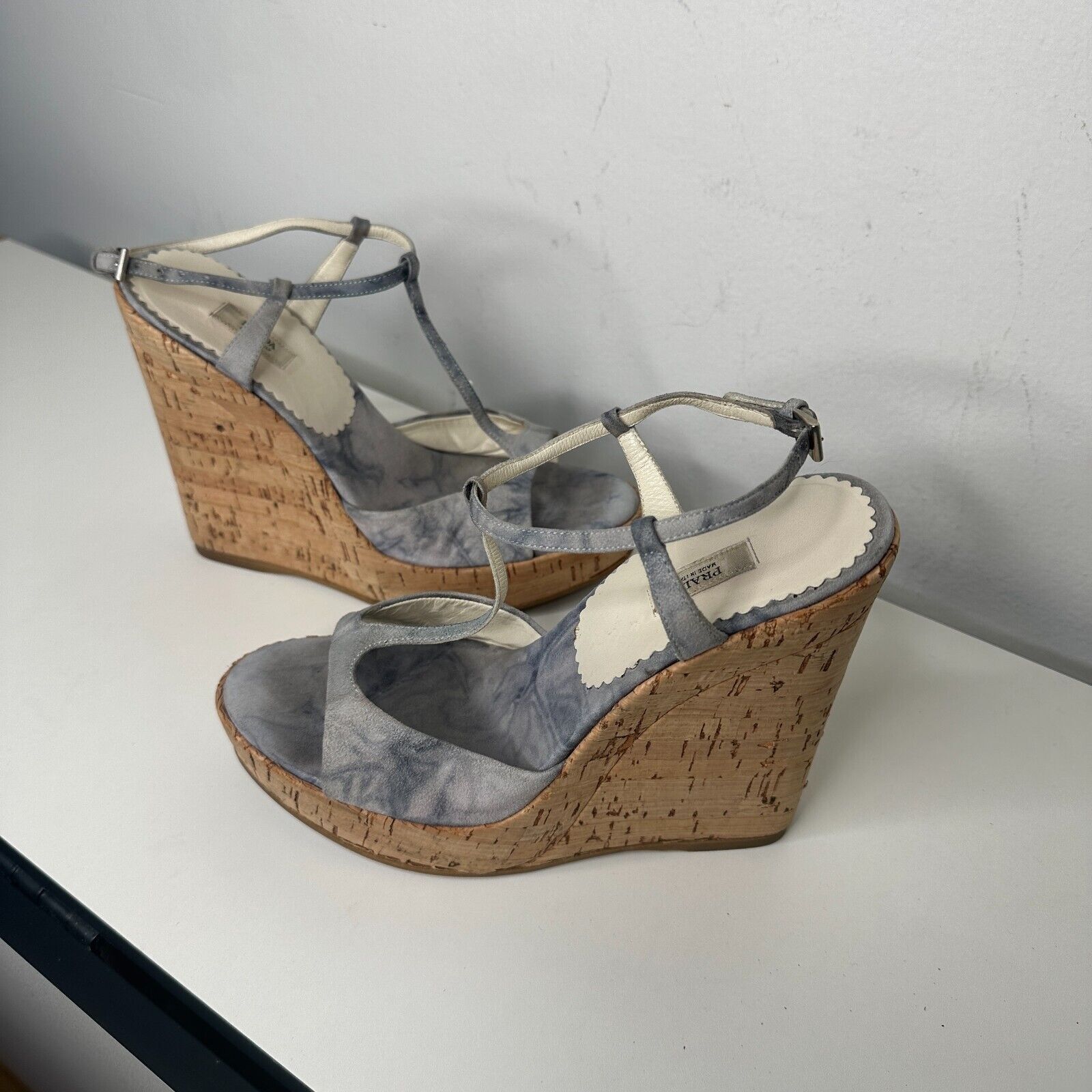 Prada Prada Blue Suede Tan Cork Wedge Sandals Ankle Espadrilles 38 Size US 8 / IT 38 - 4 Thumbnail