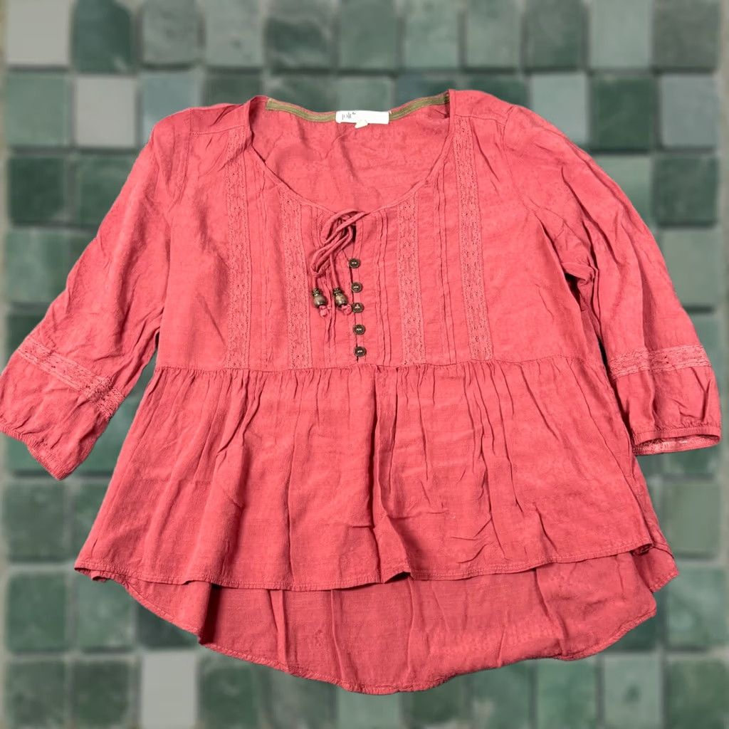 Vintage VINTAGE? No. Jolt Blouse Tunic Bohemian Tie Neck Embroidered Lace 3/4 Sleeve Coral Salmon Women M Adults? Size M / US 6-8 / IT 42-44 - 1 Thumbnail