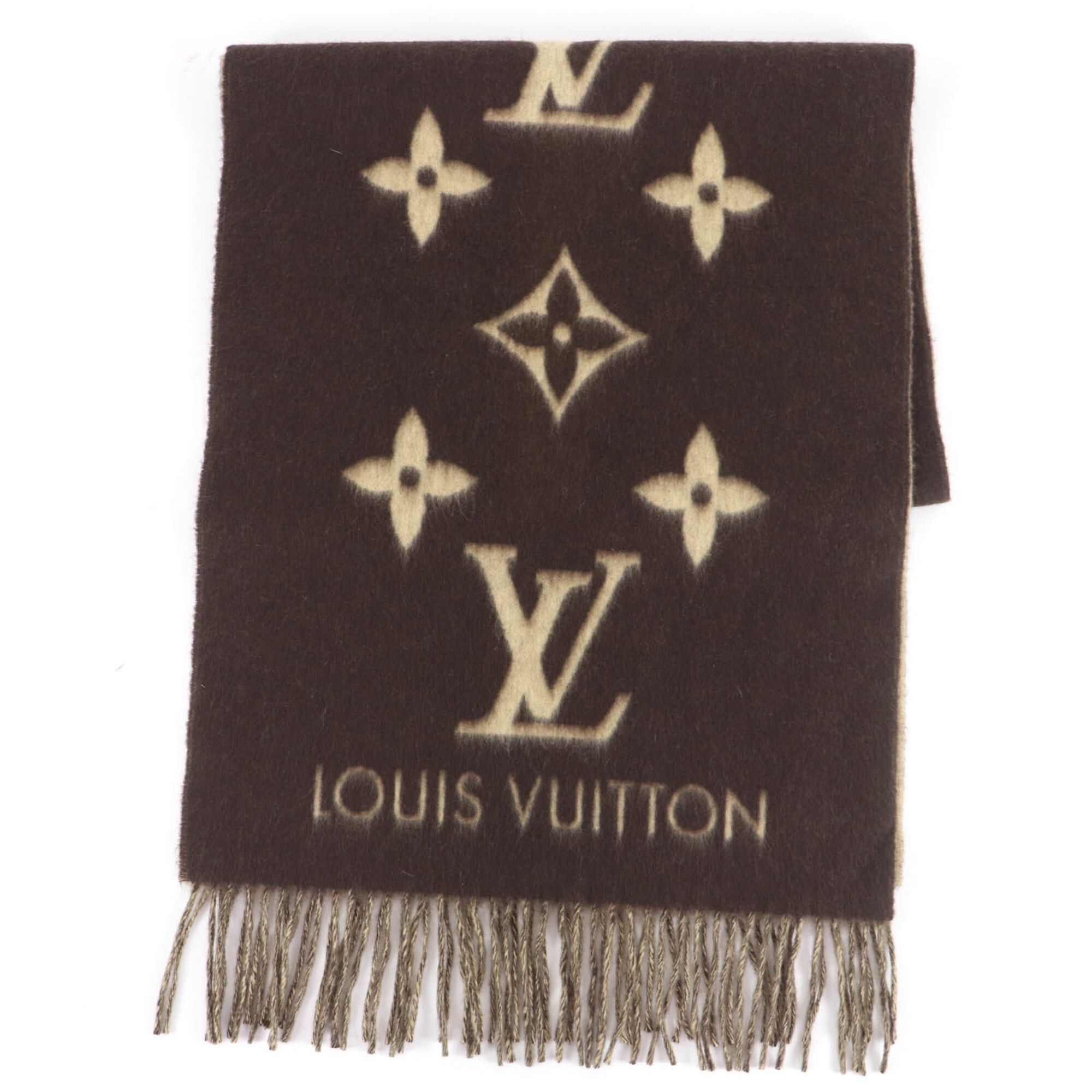 Louis Vuitton LOUIS VUITTON 401486 Echarpe Reykjavik 100% Cashmere Monogram Fringe Scarf Brown Authentic Women's Size ONE SIZE - 1 Thumbnail