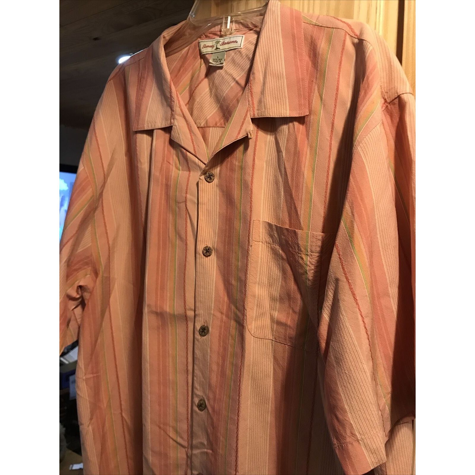 Tommy Bahama Tommy Bahama Men L Salmon Striped Silk Button Hawaiian Shirt Size US L / EU 52-54 / 3 - 6 Thumbnail