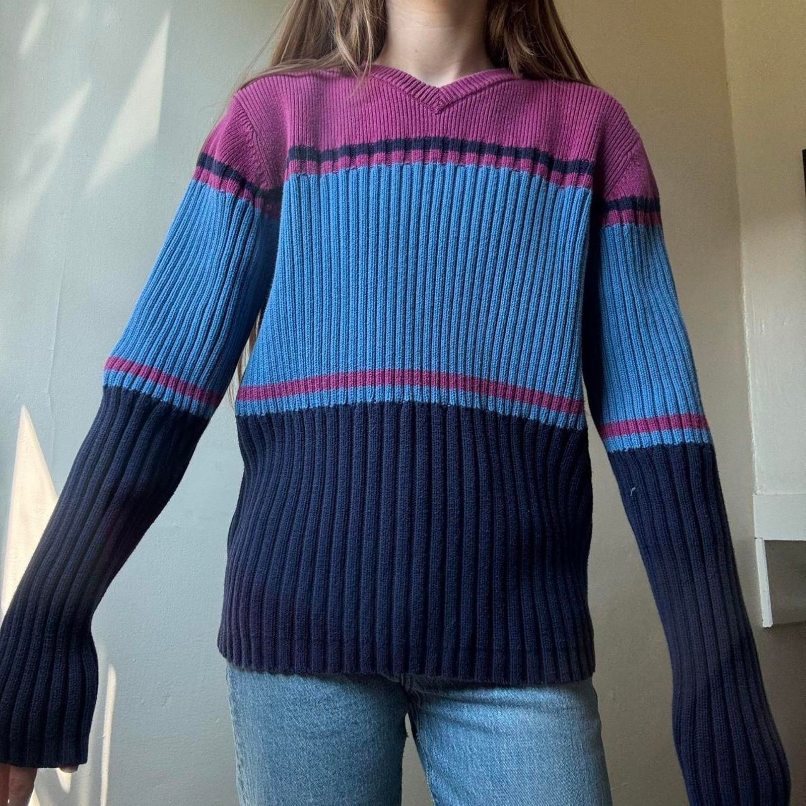Vintage Vintage BKLE 90s Stripe Ribbed V-Neck Sweater Large Y2K Size L / US 10 / IT 46 - 8 Thumbnail