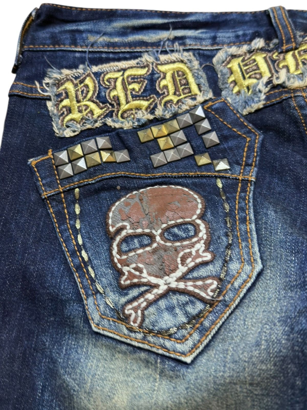 Ed Hardy Vintage Red Pepper Flare Embroidery Skull Studded Denim Size US 31 - 6 Thumbnail