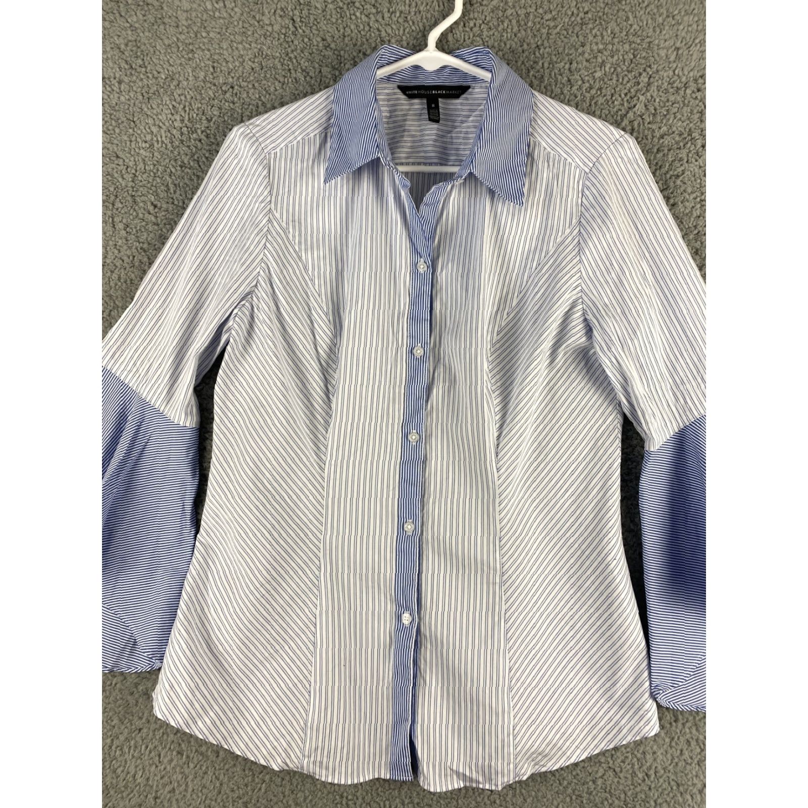 White House Black Market White House Black Market Women's Shirt Size 8 Collared Button-Up Long Sleeve Cotton Nylon Spandex Blue White Stripes Business Wear Size M / US 6-8 / IT 42-44 - 2 Thumbnail