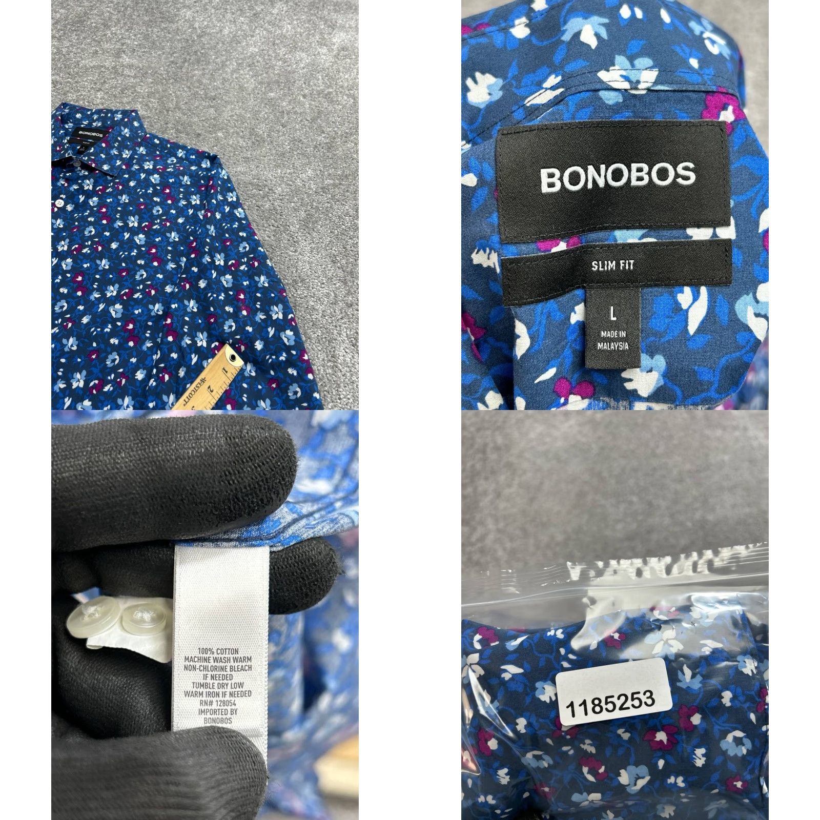 Bonobos Bonobos Shirt Mens Large Blue Cotton Floral Allover Print Slim Fit Button Up Size US L / EU 52-54 / 3 - 8 Thumbnail