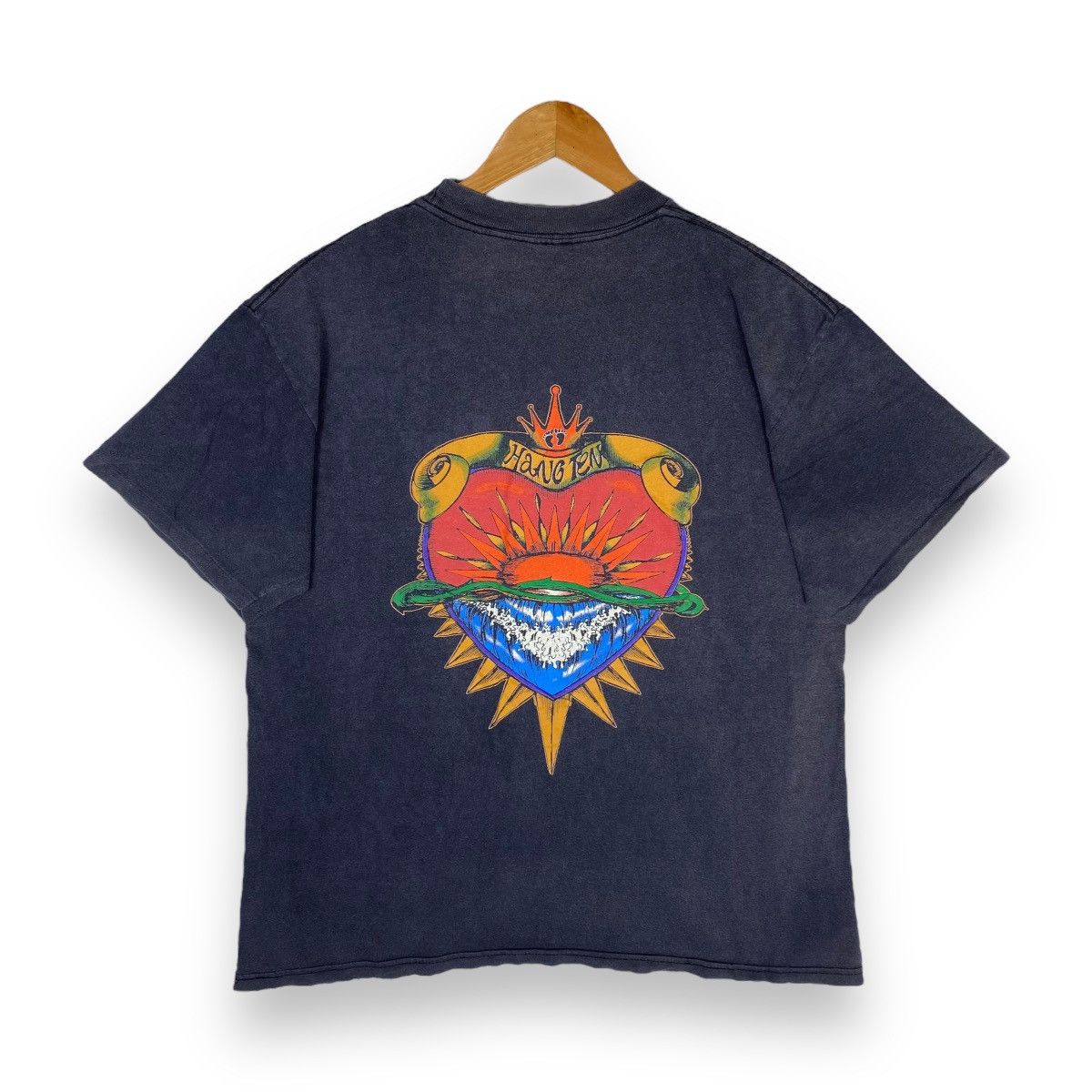image of Vintage 90's Hang Ten Nice Graphic Surfing Sunfaded Tee in Faded Black, Men's (Size Large)