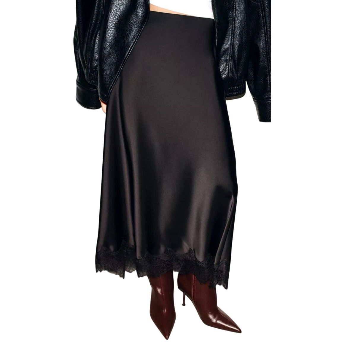 Zara Zara Womens Black Satin Effect Lace Trim Mid-Rise Midi Skirt Size 27" / US 4 / IT 40 - 1 Thumbnail
