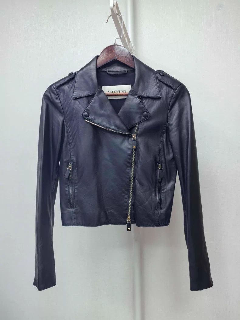Valentino Valentino Black sheepskin diagonal zippered biker jacket j Size S / US 4 / IT 40 - 1 Thumbnail