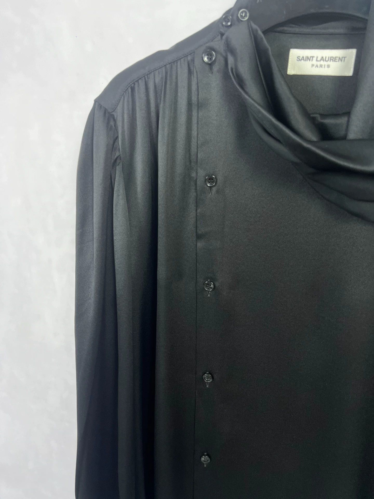 Saint Laurent Paris SLP22FW Saint Laurent Black Silk Asym Scarf Collar Shirt Size US XS / EU 42 / 0 - 3 Thumbnail