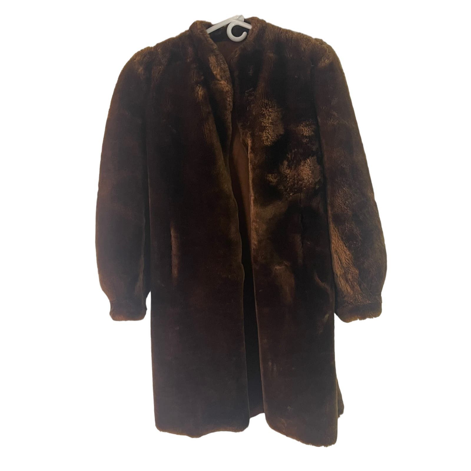 image of Faux Fur Women Small Brown Fuzzy Heavy Trench Winter Coat