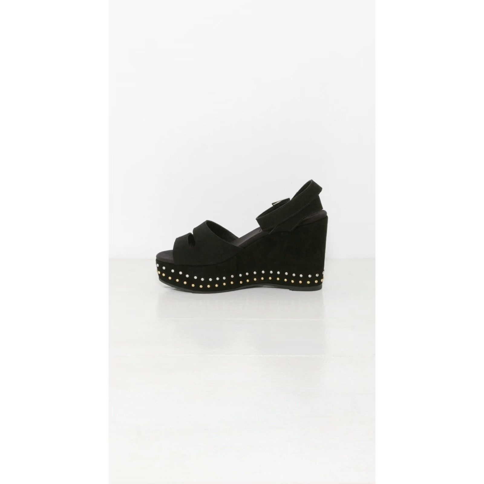Vintage VINTAGE NewbarK Maggie Wedge Platform Wrap Strap Black Suede Studded Size 7M Womens Open Toe Heel 4" Buckle Closure Platform Shoes Size US 7 / IT 37 - 7 Thumbnail