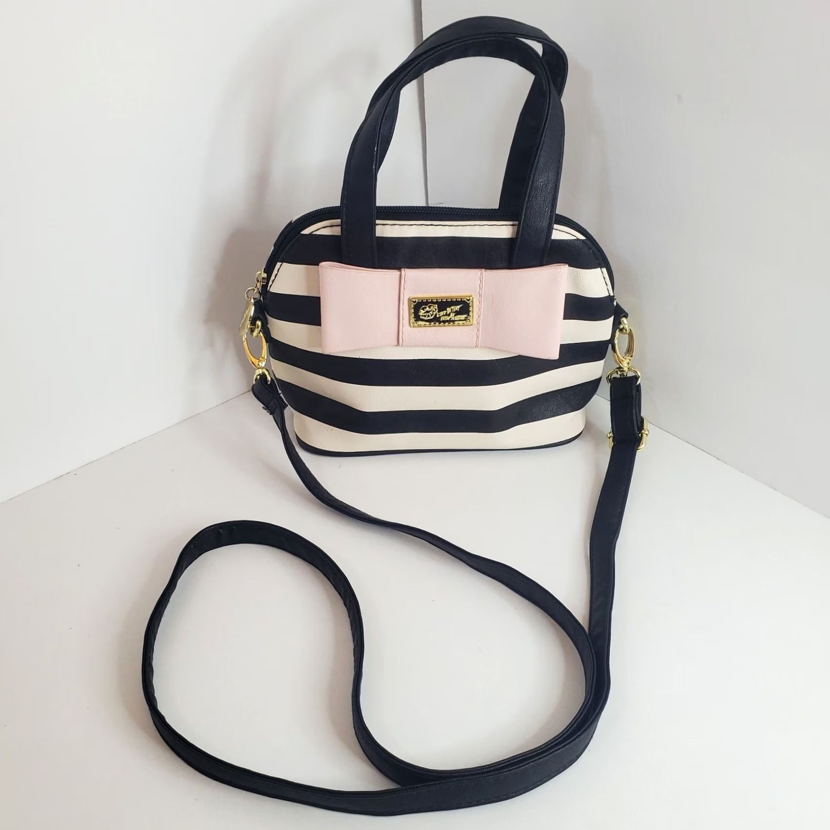 Vintage Luv Betsy by Betsy Johnson Crossbody Bag Mini Striped Black White Pink Exterior Faux Leather Womens Size ONE SIZE - 2 Thumbnail