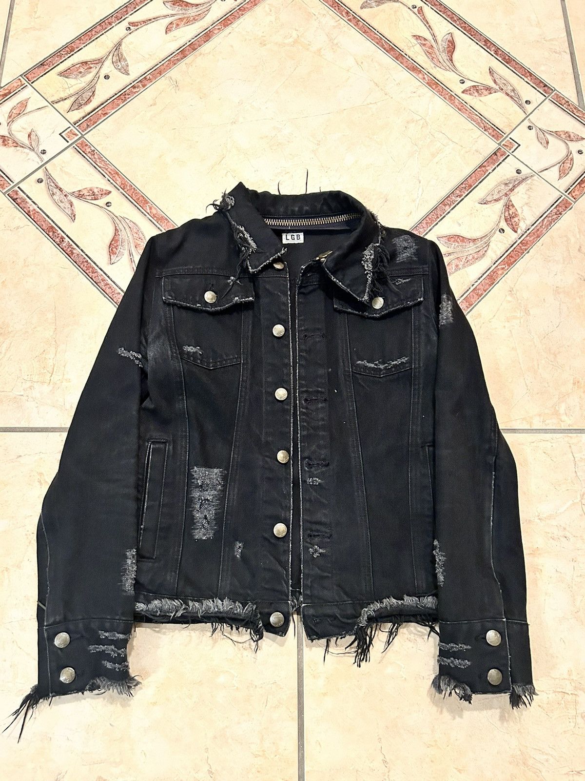 image of 14Th Addiction x If Six Was Nine Lgb Distressed Denim Jacket in Black, Men's (Size Medium)