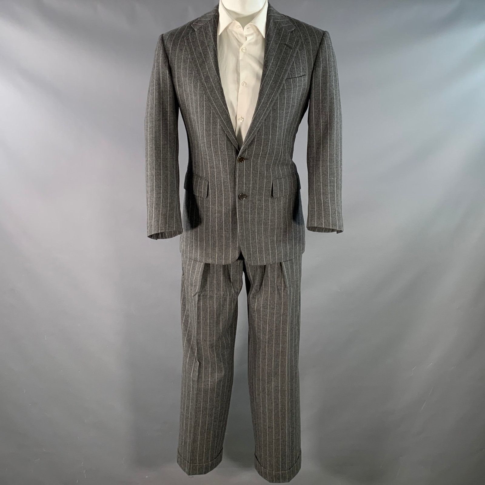 Ralph Lauren Size 39 Grey Chalkstripe Wool Notch Lapel Pleated Suit Size 40R - 2 Thumbnail