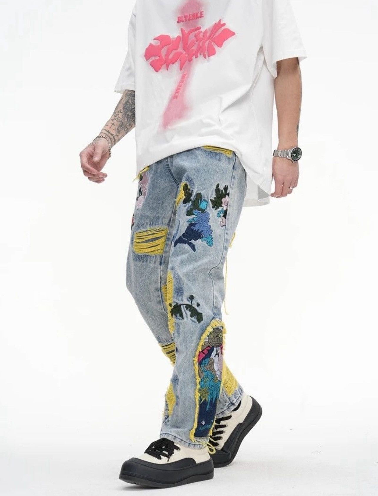 Japanese Brand × Jean Embroidered Patch Denim Ripped Jeans Size US 32 / EU 48 - 5 Thumbnail