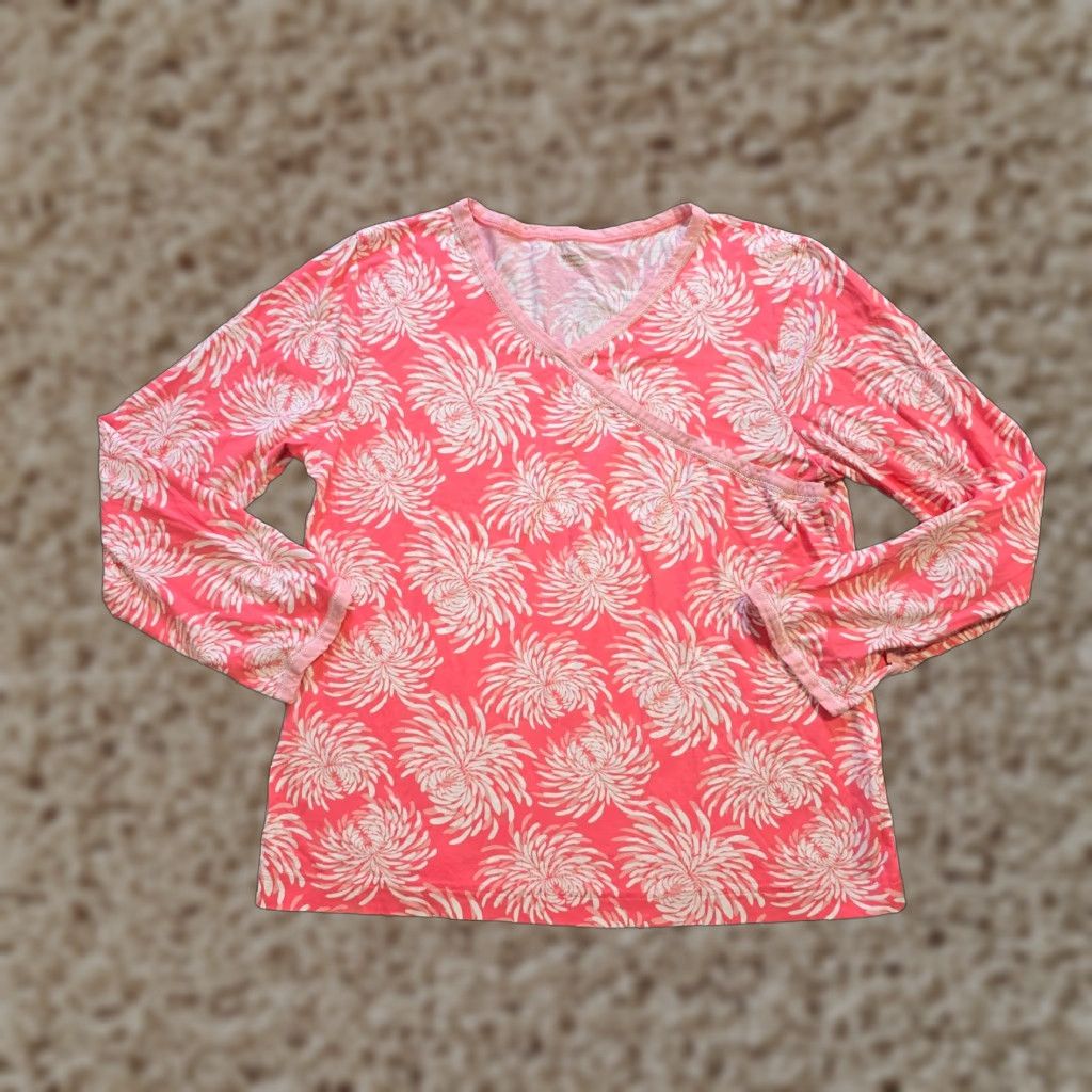 Vintage Garnet Hill Top Women Medium Pink Faux Wrap Long Sleeve Blouse Shirt Career Casual Knit Cotton V-Neck F Size M / US 6-8 / IT 42-44 - 1 Thumbnail