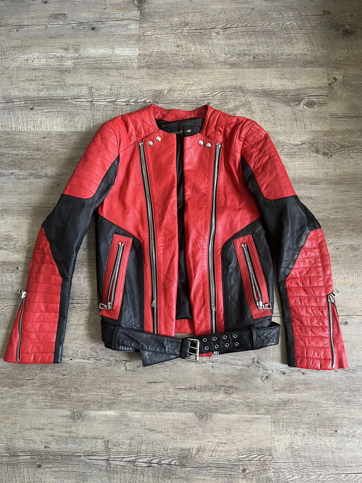 BALMAIN ピアスジャケット Leather biker jacket with denim print black black - Men