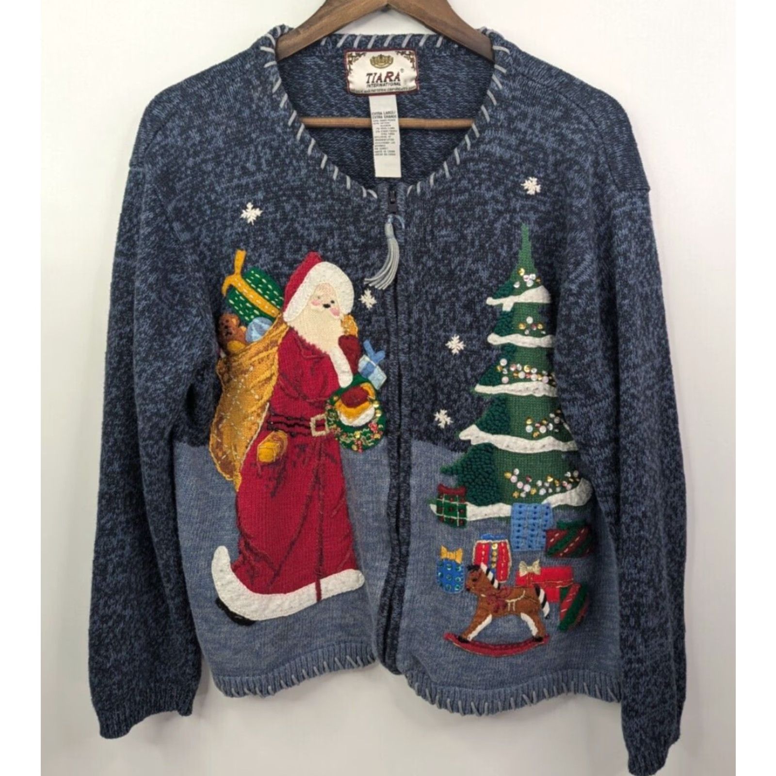 Vintage VINTAGE Holiday Tiara International Blue Santa & Tree Christmas Holiday Zip Sweater Cardigan Size XL / US 12-14 / IT 48-50 - 2 Thumbnail