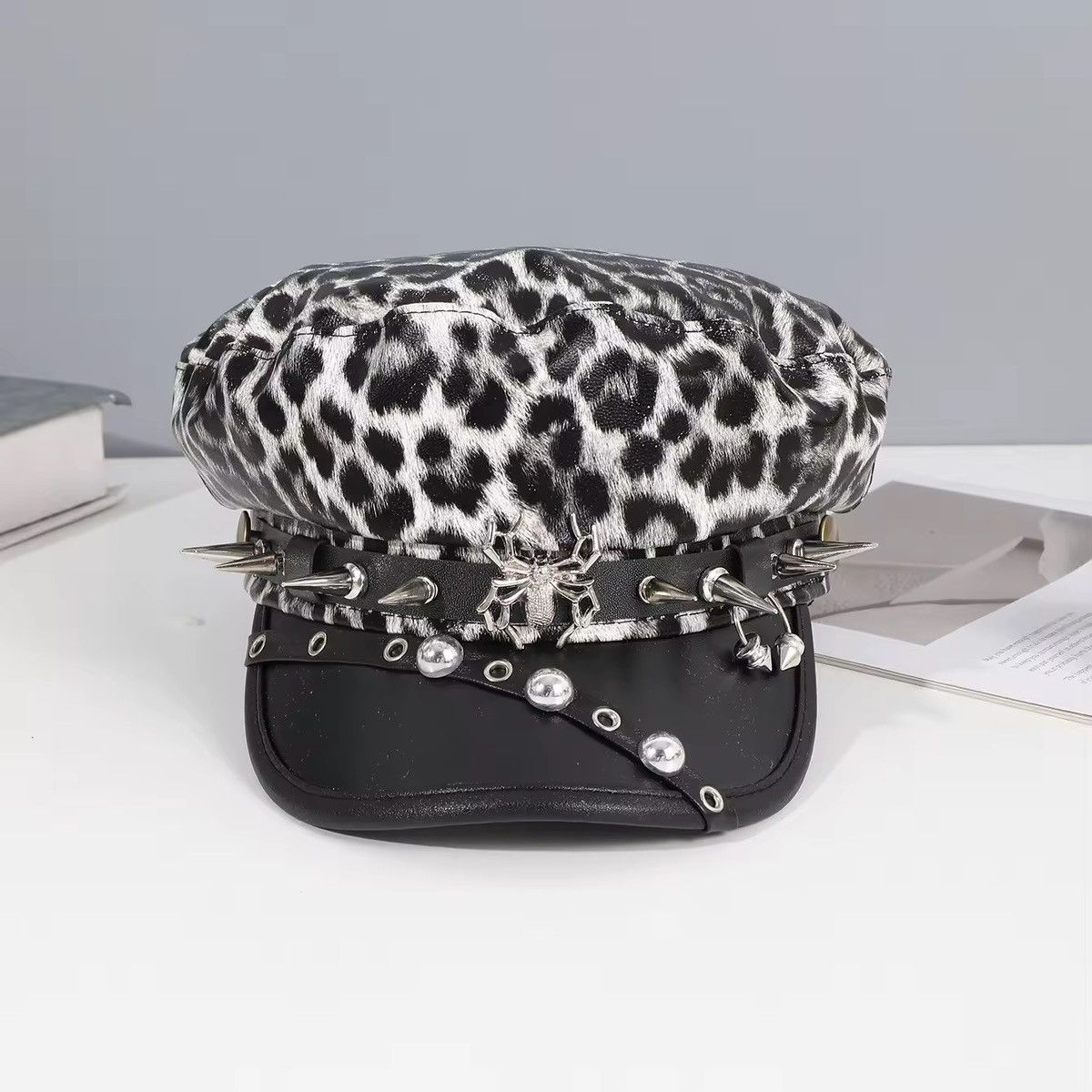 Other Leopard Gothic Punk PU Leather Trendy Y2k Hat Beret Size ONE SIZE - 2 Thumbnail