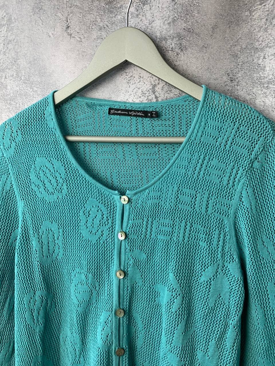 Designer Gudrun Sjoden Green Cotton Pointelle Knit Cardigan Sweater Size M / US 6-8 / IT 42-44 - 5 Thumbnail