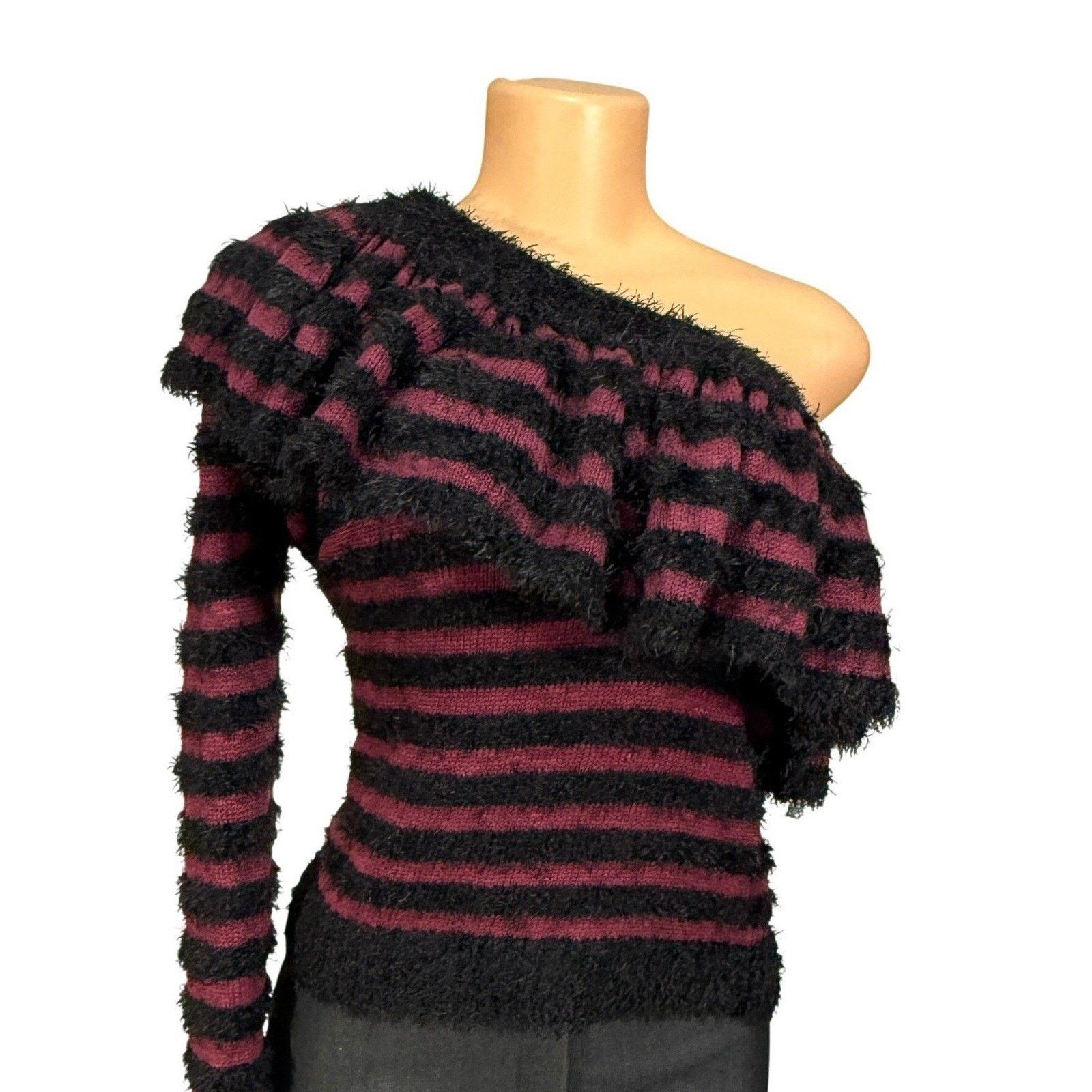 Other WAYF One Shoulder Fuzzy Ruffle Sweater Top Black Burgundy S Size S / US 4 / IT 40 - 3 Thumbnail